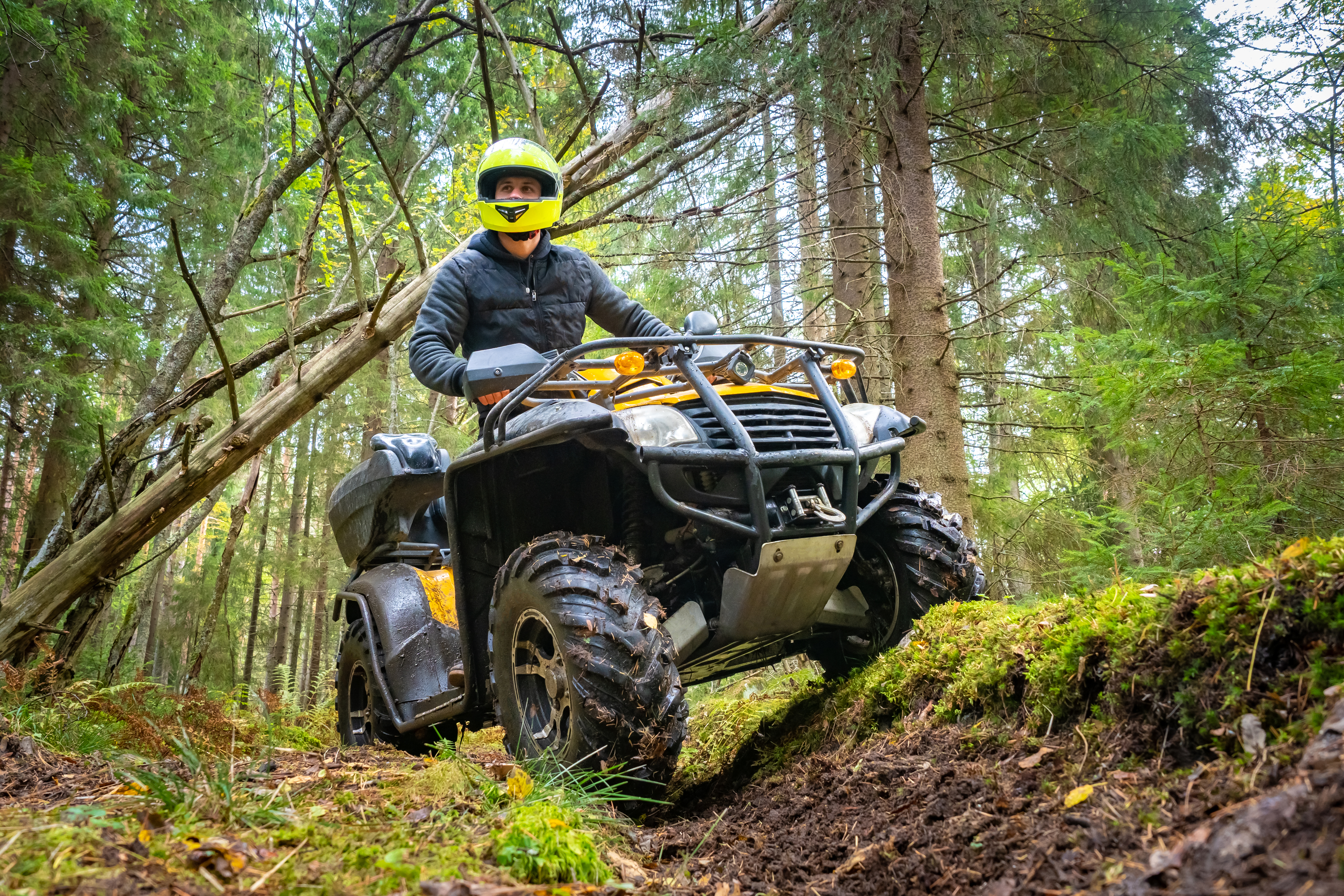 A man in a yellow helmet rides a Quad bike through the woods