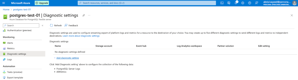 PostgreSQL storage account