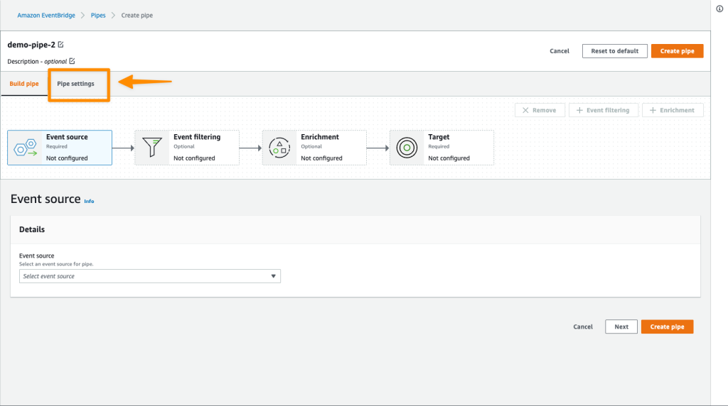 Navigate to Pipe Settings